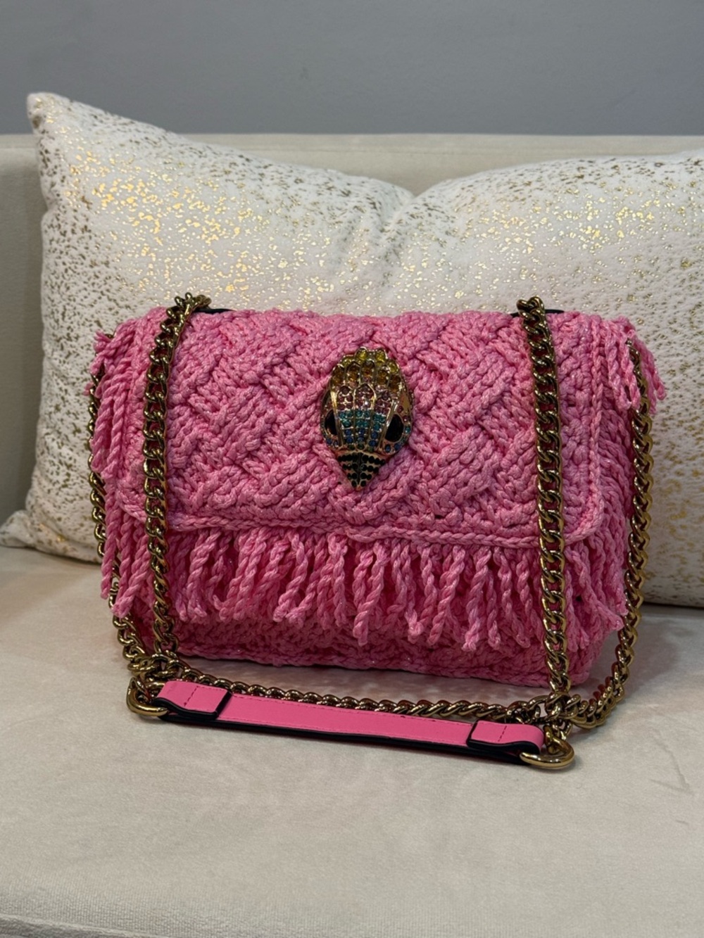Kurt Geiger Pink Quilted Fringe Shoulder Bag with Gold Chain Detail